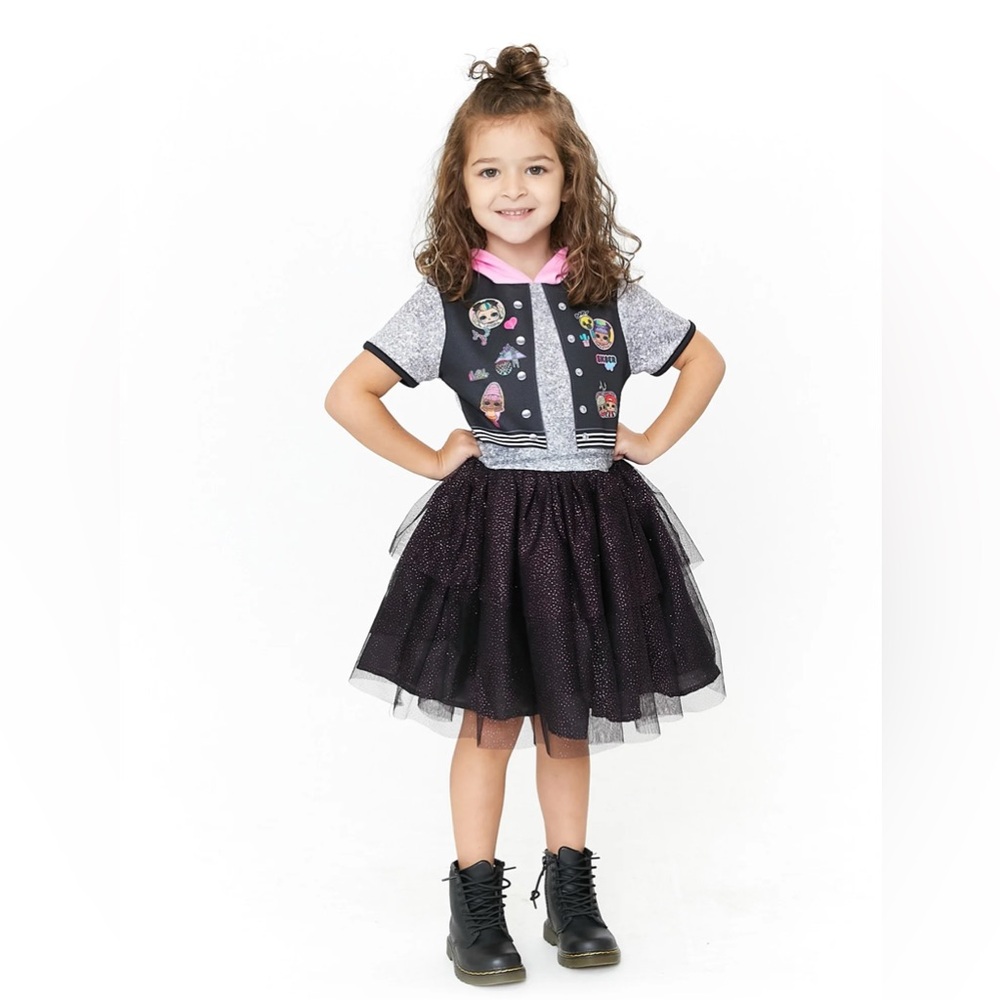 LOL Surprise Girls Tutu Dress Varsity Jacket Look w/ Hood Bow Size S (6/6X)